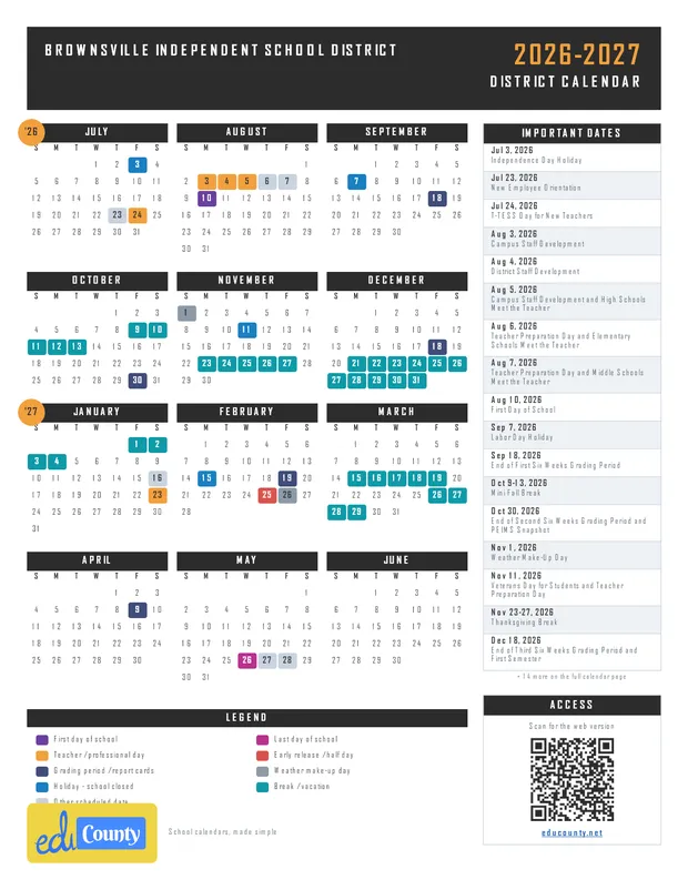 Brownsville Independent School District printable 2026-27 calendar