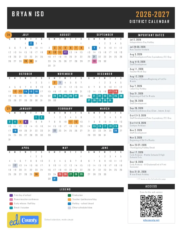 Bryan ISD printable 2026-27 calendar