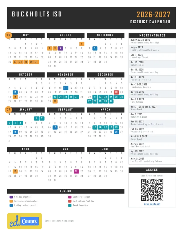 Buckholts ISD printable 2026-27 calendar