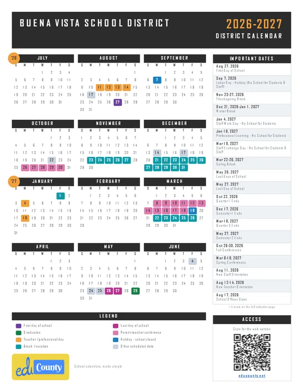 Buena Vista School District printable 2026-27 calendar