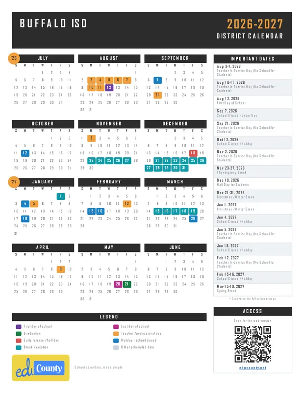 Buffalo ISD printable 2026-27 calendar