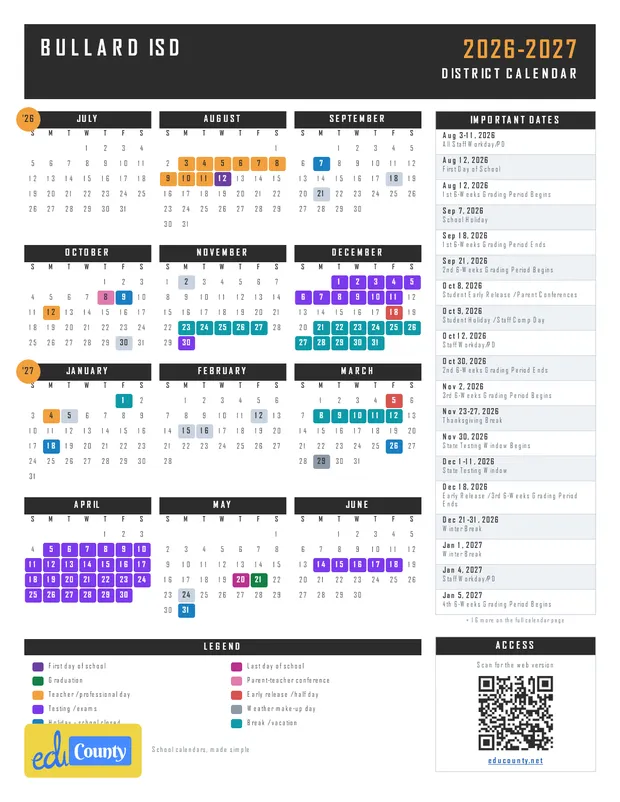 Bullard ISD printable 2026-27 calendar
