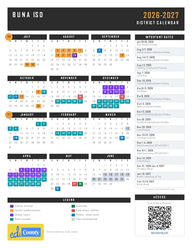 Buna ISD printable 2026-27 calendar