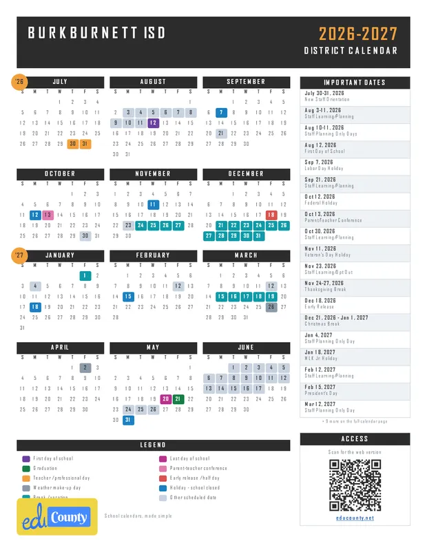 Burkburnett ISD printable 2026-27 calendar