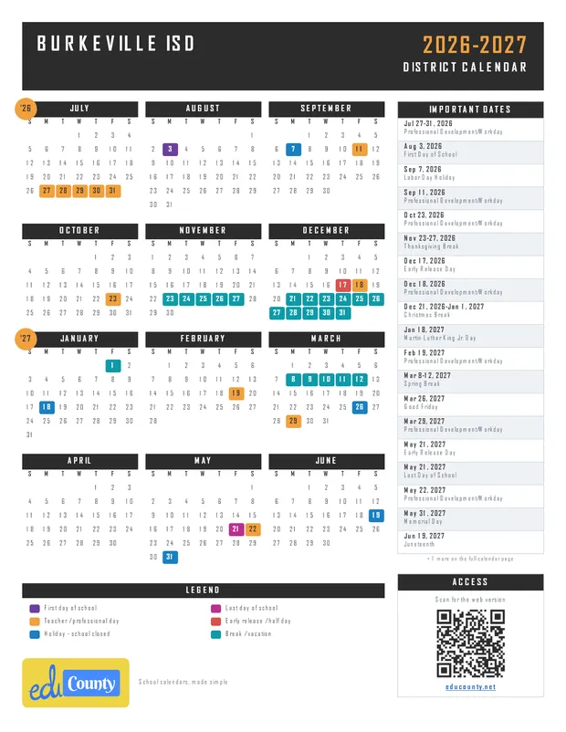 Burkeville ISD printable 2026-27 calendar