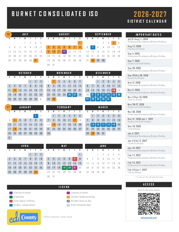 Burnet Consolidated ISD printable 2026-27 calendar