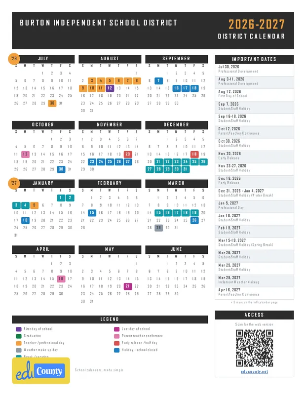 Burton Independent School District printable 2026-27 calendar