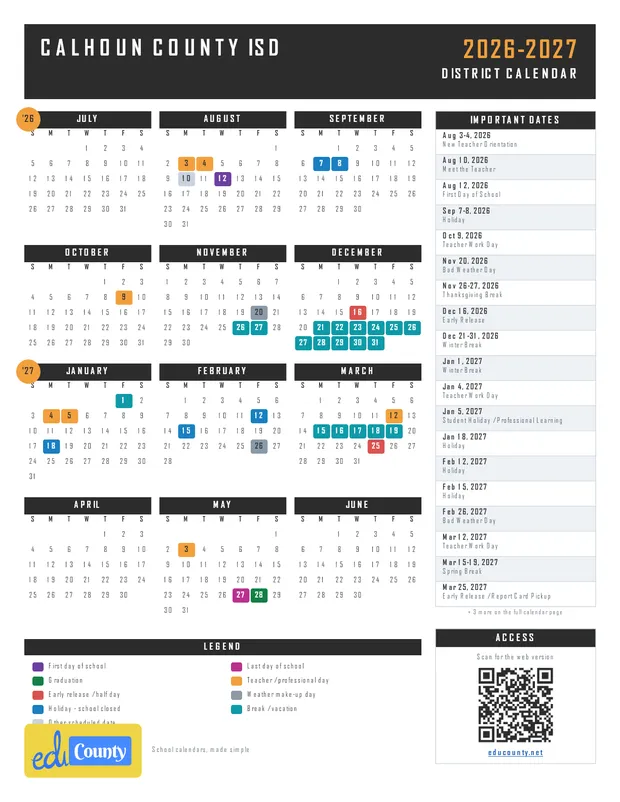 Calhoun County Isd printable 2026-27 calendar