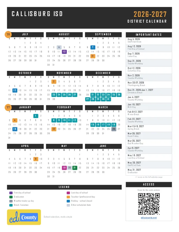 Callisburg ISD printable 2026-27 calendar