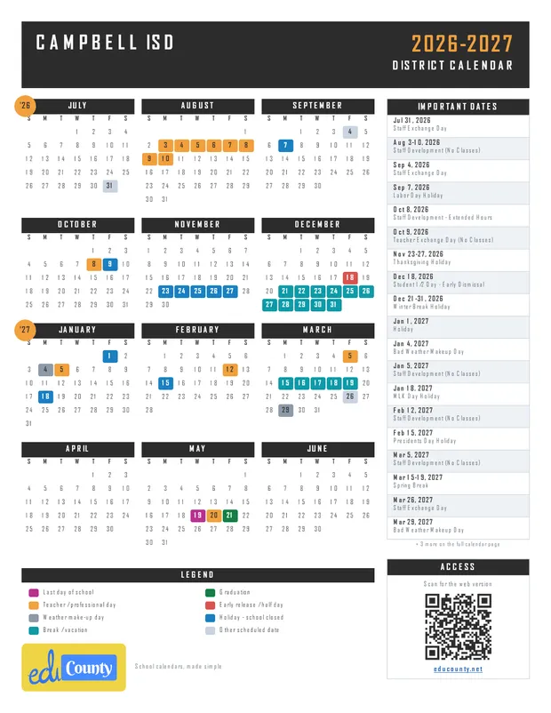 Campbell ISD printable 2026-27 calendar