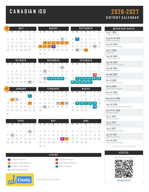 Canadian ISD printable 2026-27 calendar
