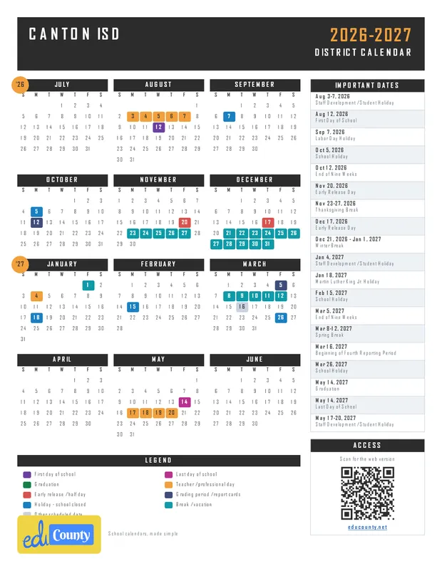 Canton ISD printable 2026-27 calendar