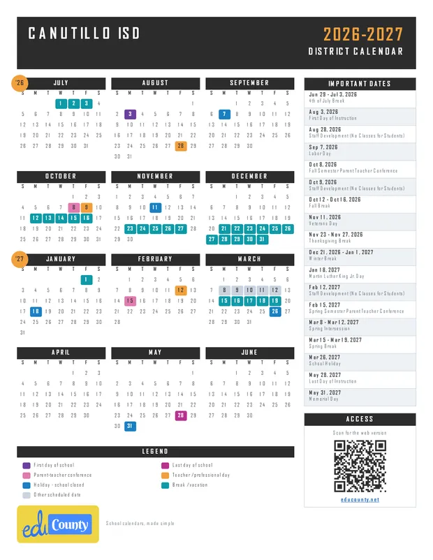 Canutillo ISD printable 2026-27 calendar