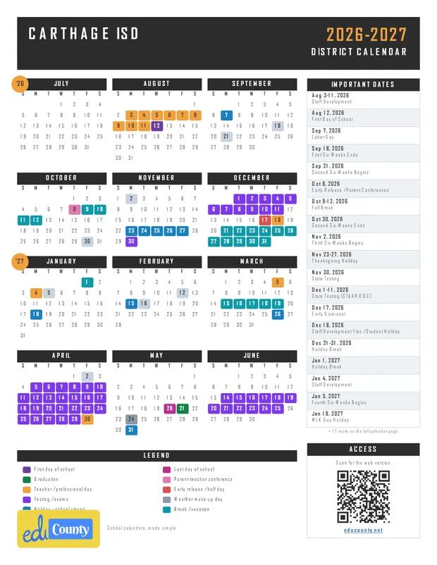Carthage ISD printable 2026-27 calendar