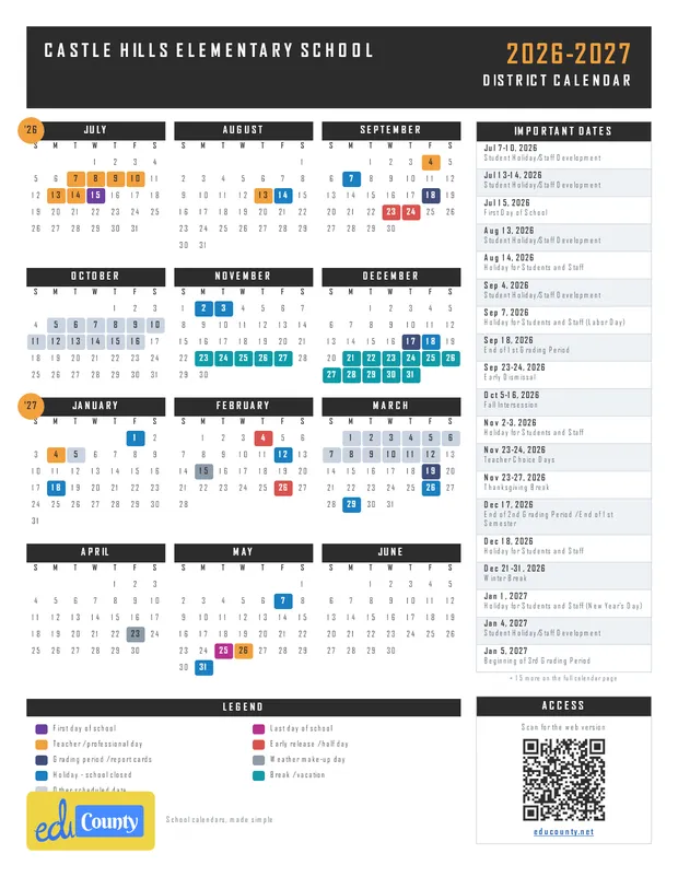 Castle Hills Elementary School printable 2026-27 calendar