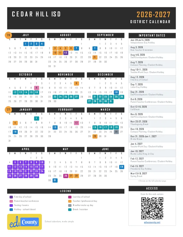 Cedar Hill ISD printable 2026-27 calendar