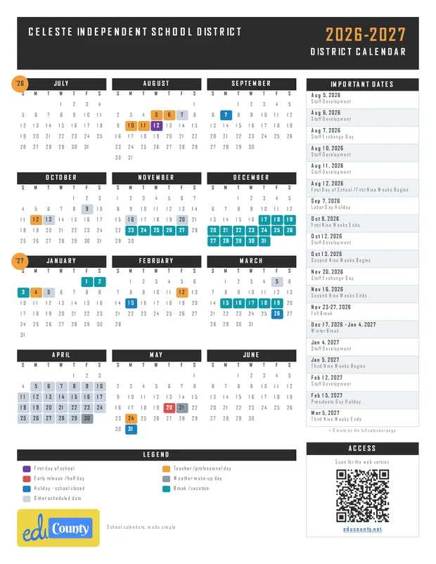 Celeste Independent School District printable 2026-27 calendar