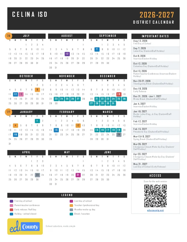 Celina Isd printable 2026-27 calendar