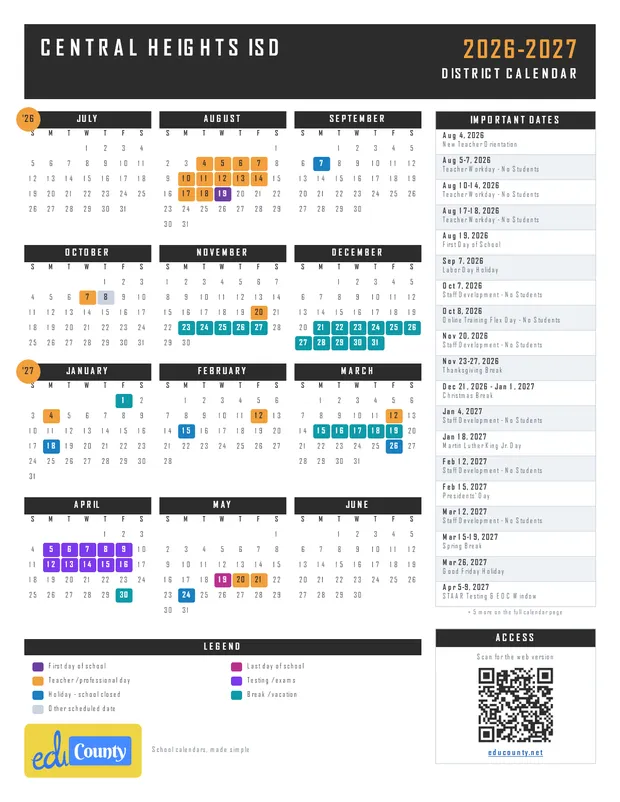 Central Heights ISD printable 2026-27 calendar