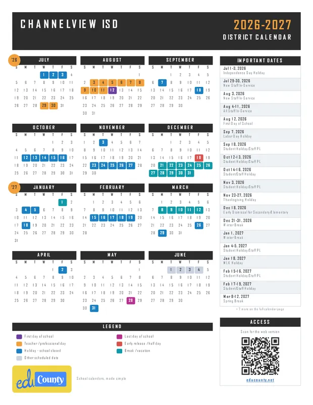 Channelview ISD printable 2026-27 calendar