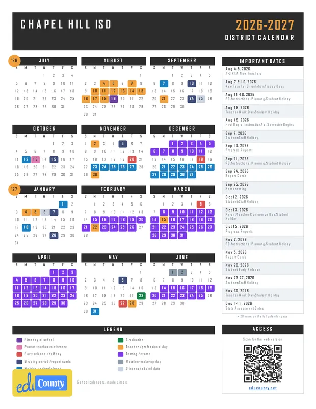 Chapel Hill ISD printable 2026-27 calendar