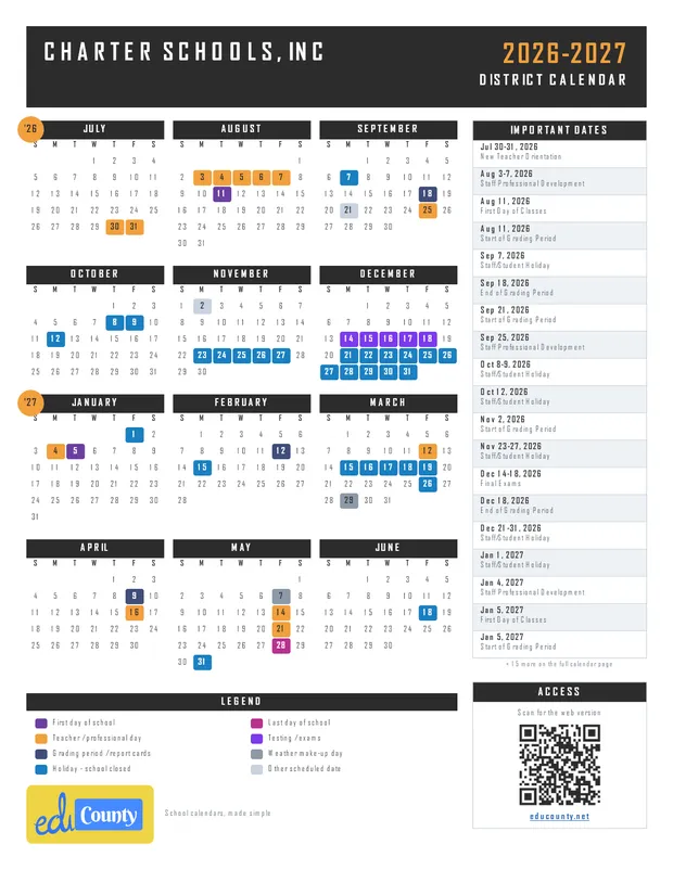 CHARTER SCHOOLS, INC printable 2026-27 calendar