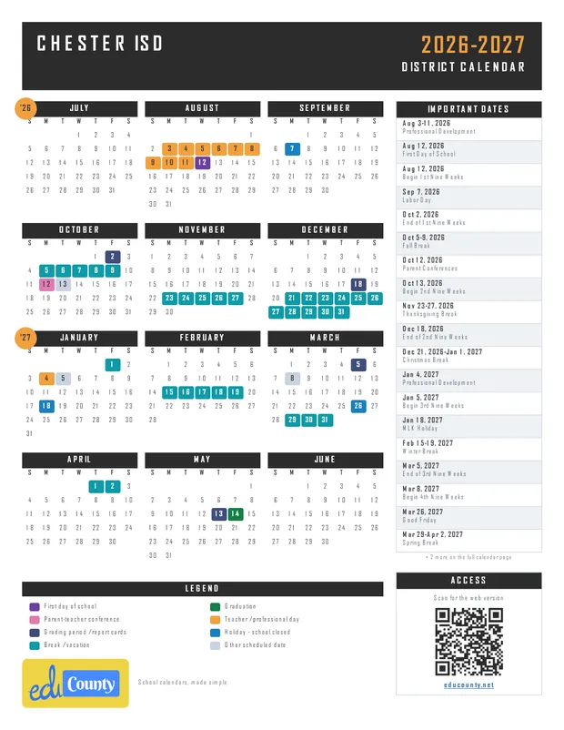 Chester ISD printable 2026-27 calendar