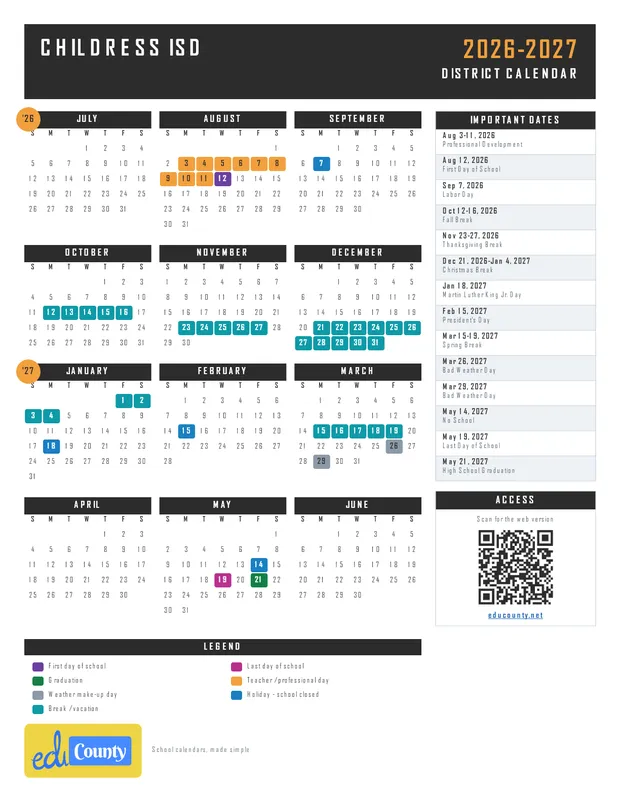 Childress ISD printable 2026-27 calendar