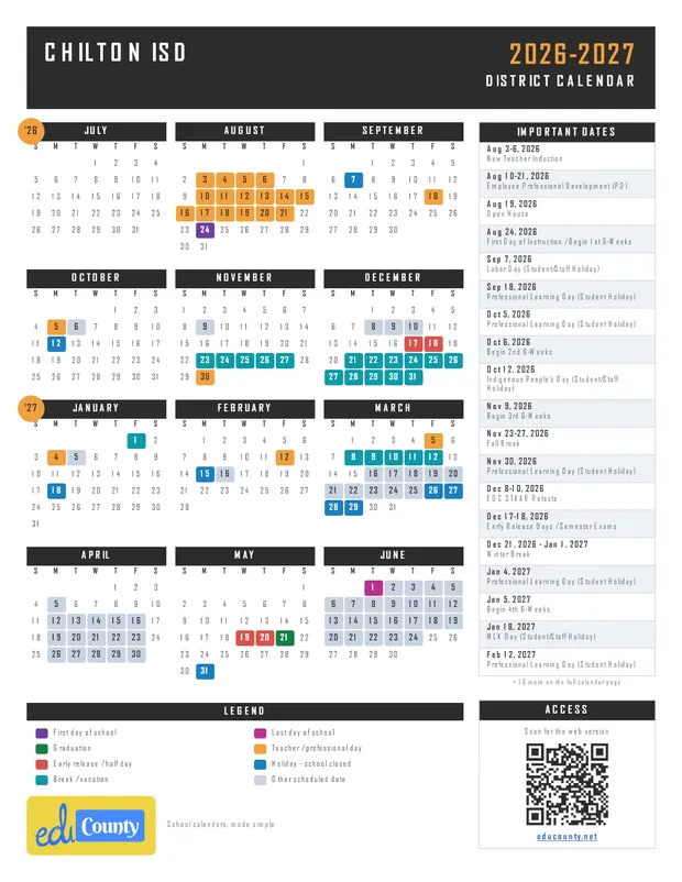 Chilton ISD printable 2026-27 calendar