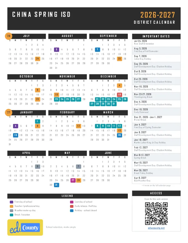 China Spring ISD printable 2026-27 calendar