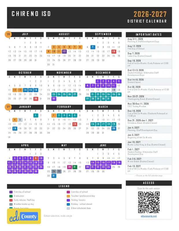 Chireno ISD printable 2026-27 calendar