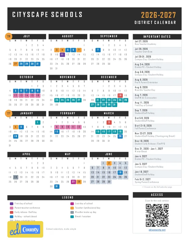 Cityscape Schools printable 2026-27 calendar