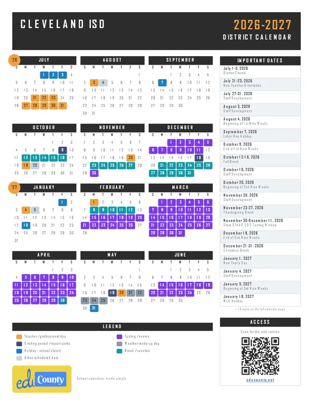 Cleveland ISD printable 2026-27 calendar