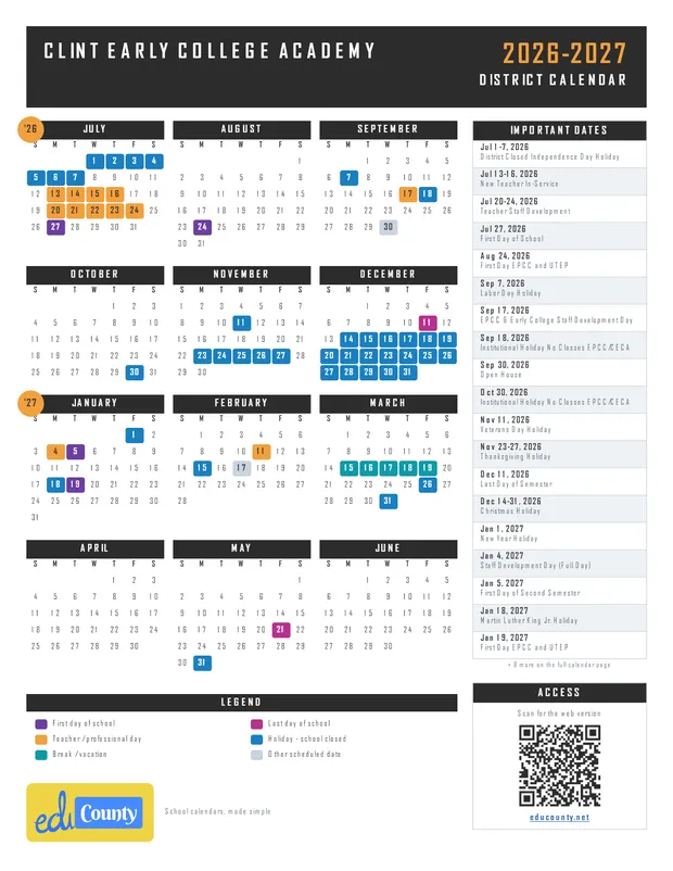 Clint Early College Academy printable 2026-27 calendar