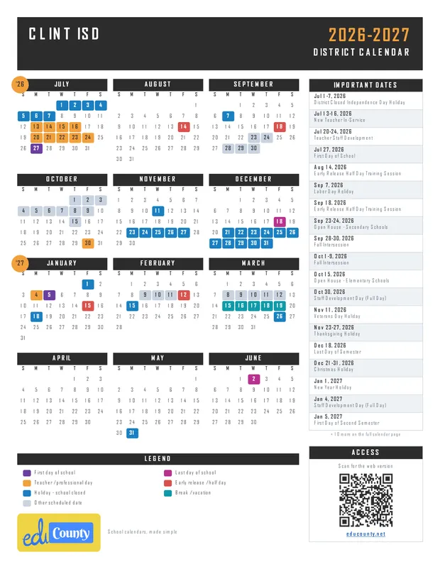 Clint Independent School District isd printable 2026-27 calendar