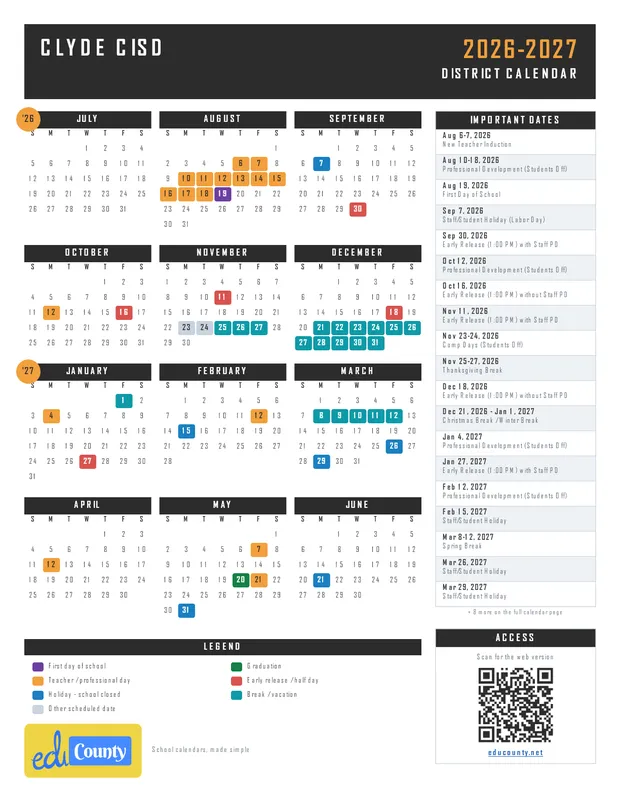 Clyde CISD printable 2026-27 calendar