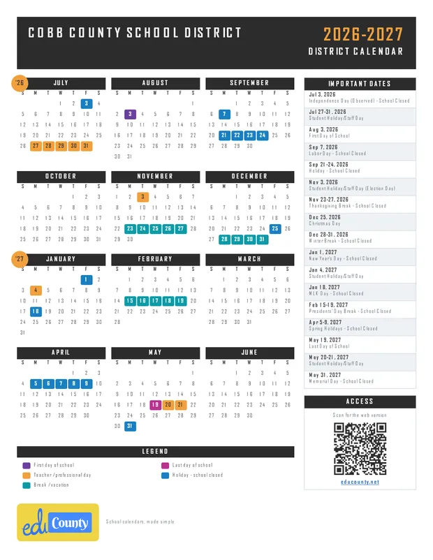 Cobb County School District printable 2026-27 calendar