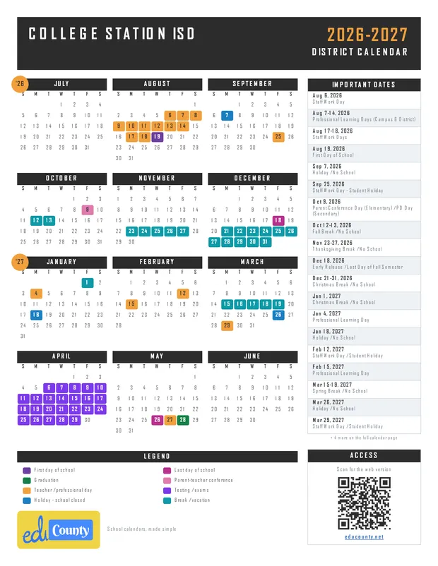 College Station ISD printable 2026-27 calendar