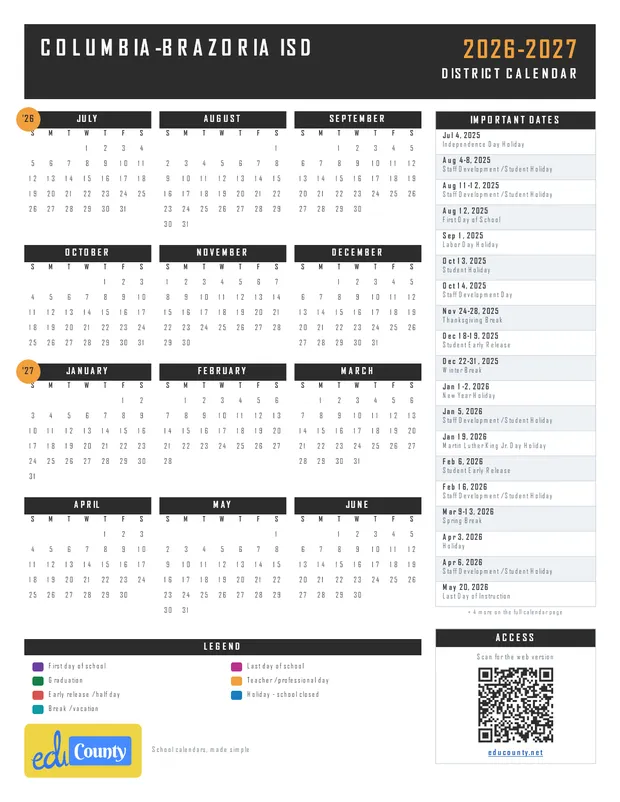 Columbia-Brazoria ISD printable 2026-27 calendar