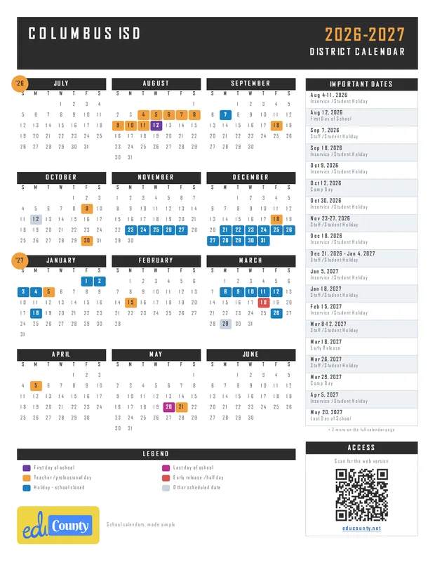 Columbus ISD printable 2026-27 calendar