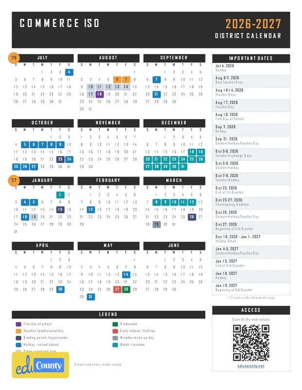 Commerce ISD printable 2026-27 calendar