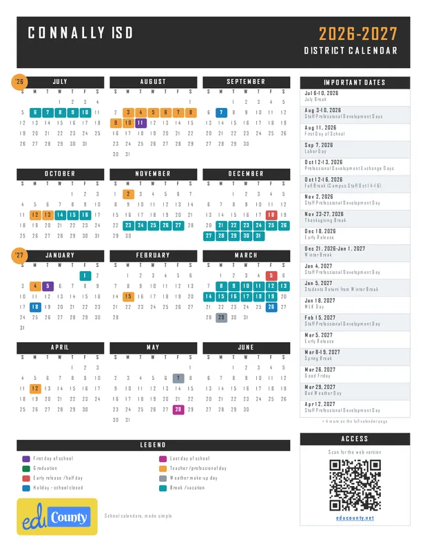 Connally ISD printable 2026-27 calendar