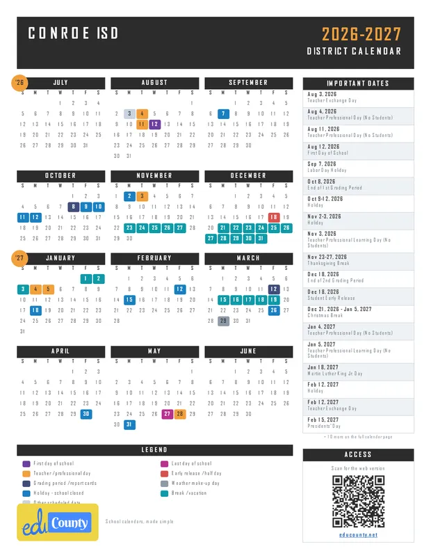 Conroe ISD printable 2026-27 calendar