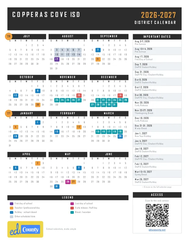 Copperas Cove ISD printable 2026-27 calendar