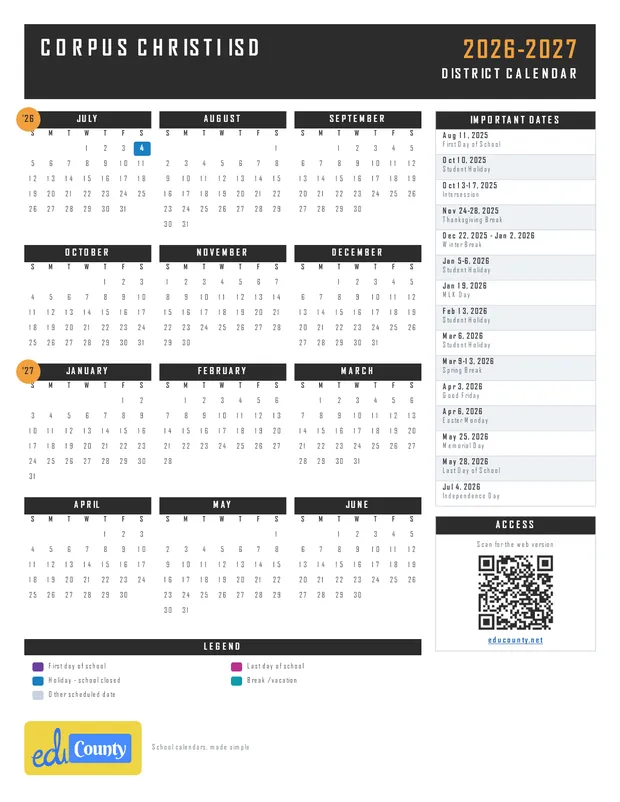 Corpus Christi ISD printable 2026-27 calendar