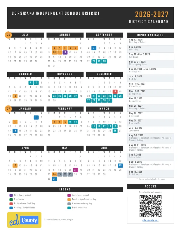 Corsicana Independent School District printable 2026-27 calendar
