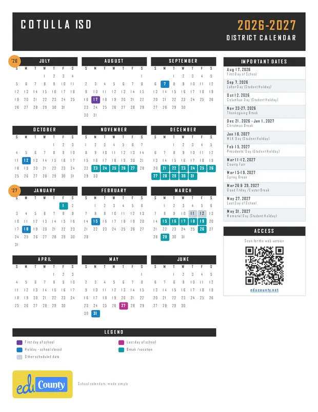 Cotulla ISD printable 2026-27 calendar