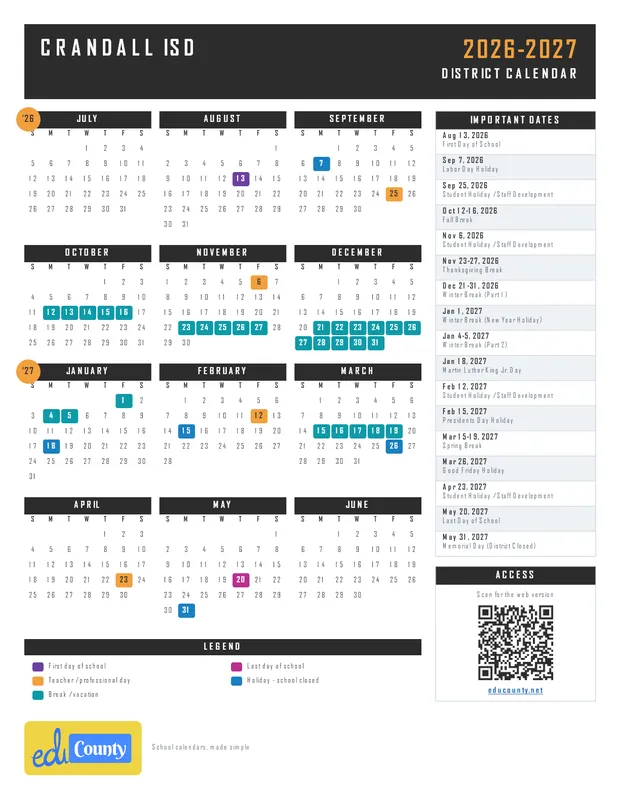 Crandall ISD Independent School District printable 2026-27 calendar