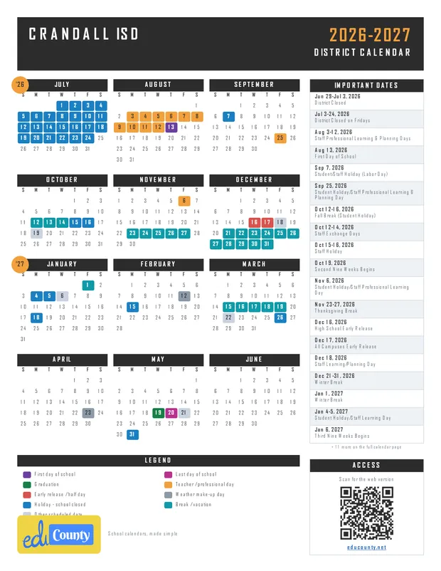 Crandall ISD printable 2026-27 calendar