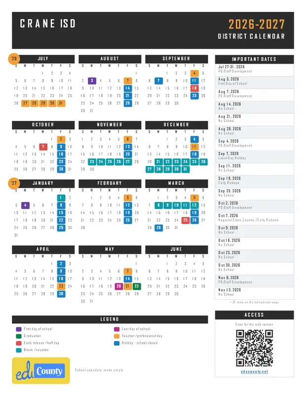 Crane ISD printable 2026-27 calendar